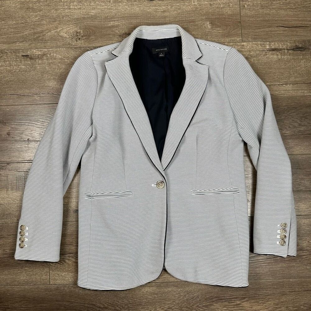 Ann Taylor Women Striped Long Sleeve Blazer w Pockets Navy Blue Size 10